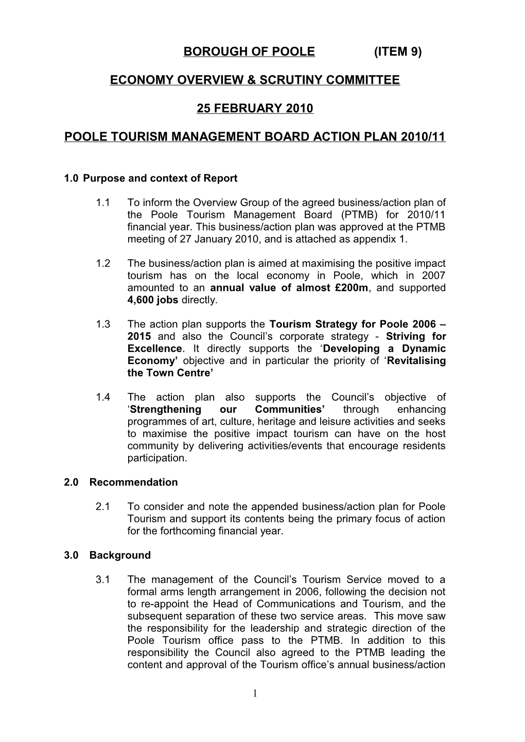 Poole Tourism Management Board Action Plan 2010/11