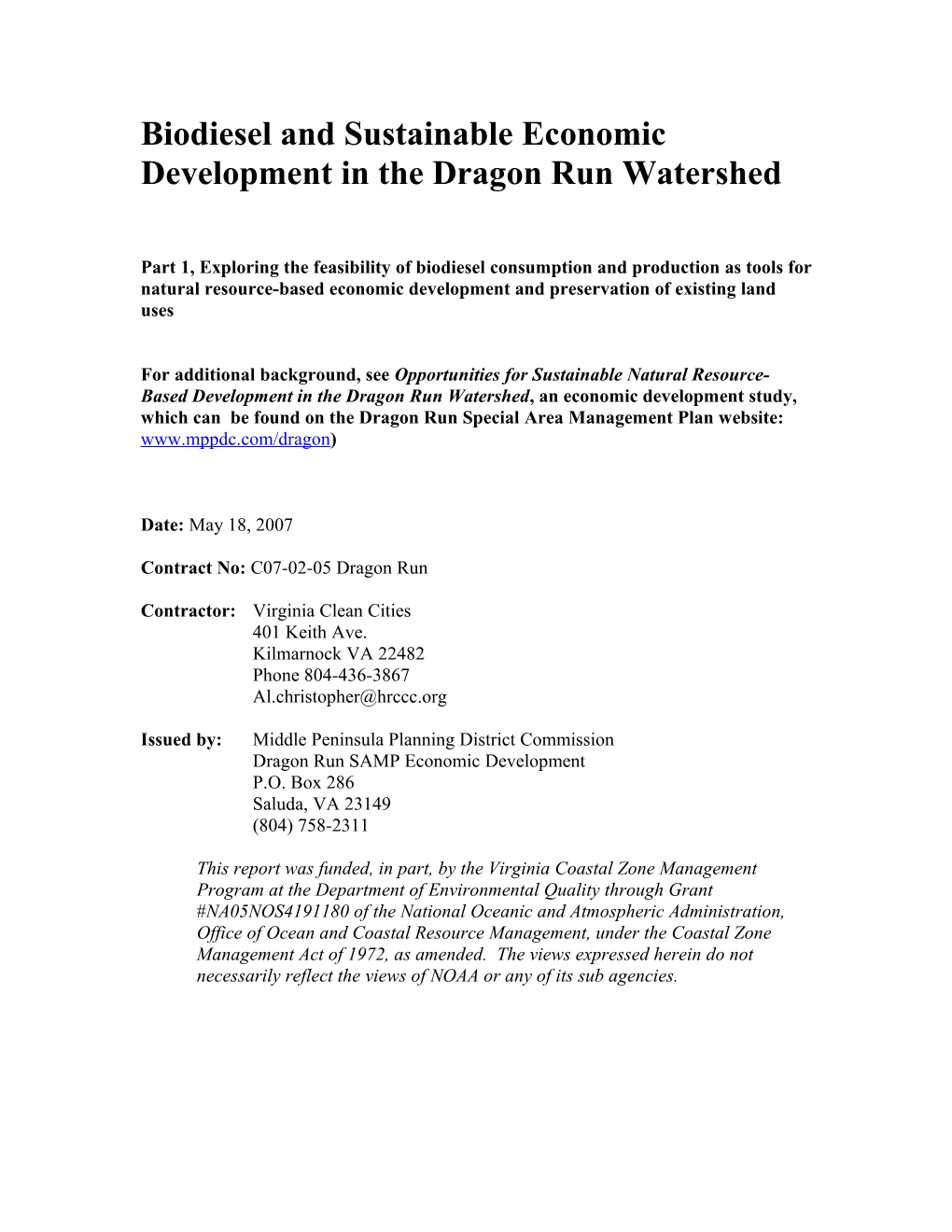 Characterize Fleets and Potential Retail Market for Biodiesel in Dragon Run Watershed
