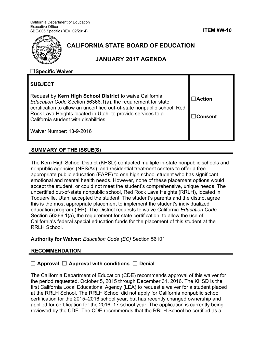 January 2017 Waiver Item W-10 - Meeting Agendas (CA State Board of Education)
