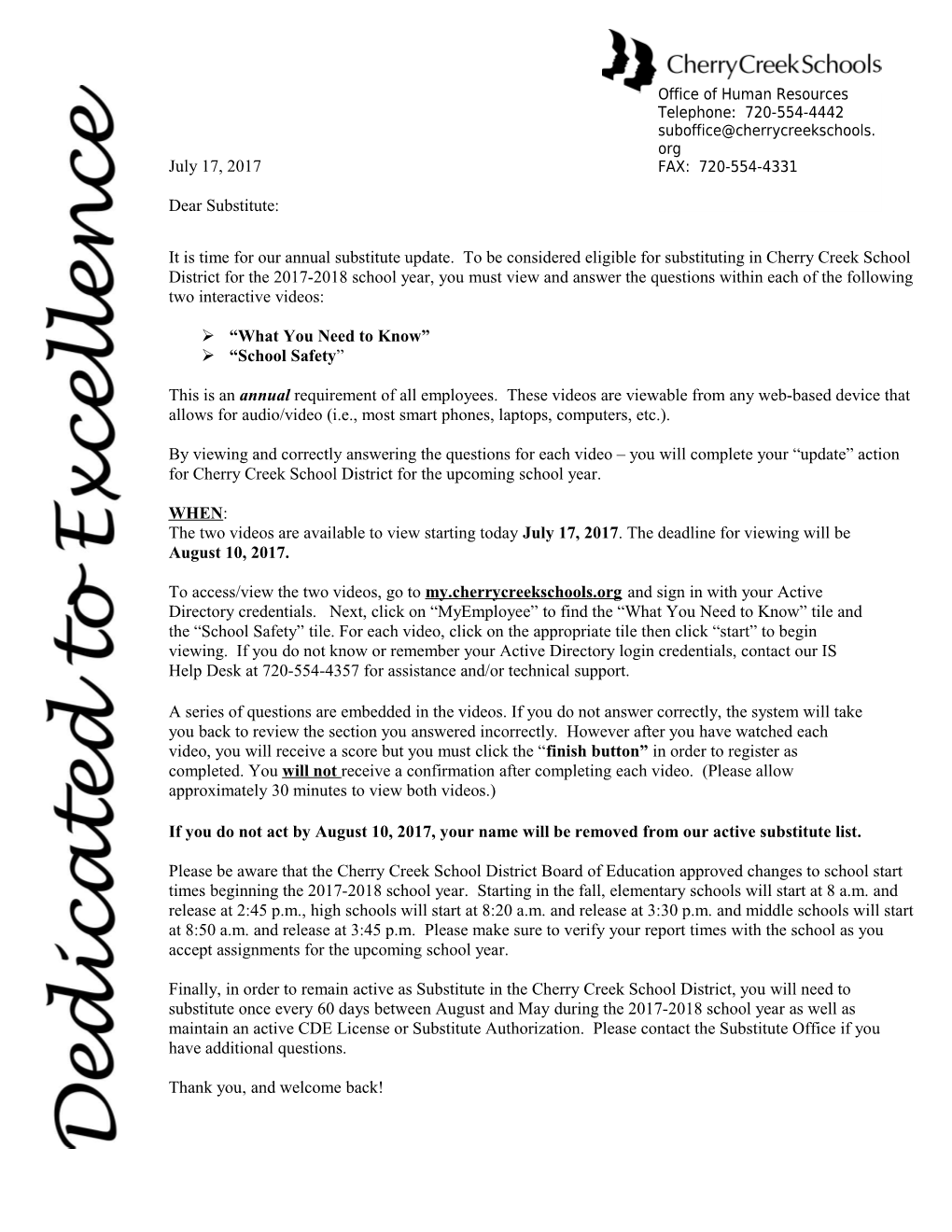 Substitute Update Letter 2011