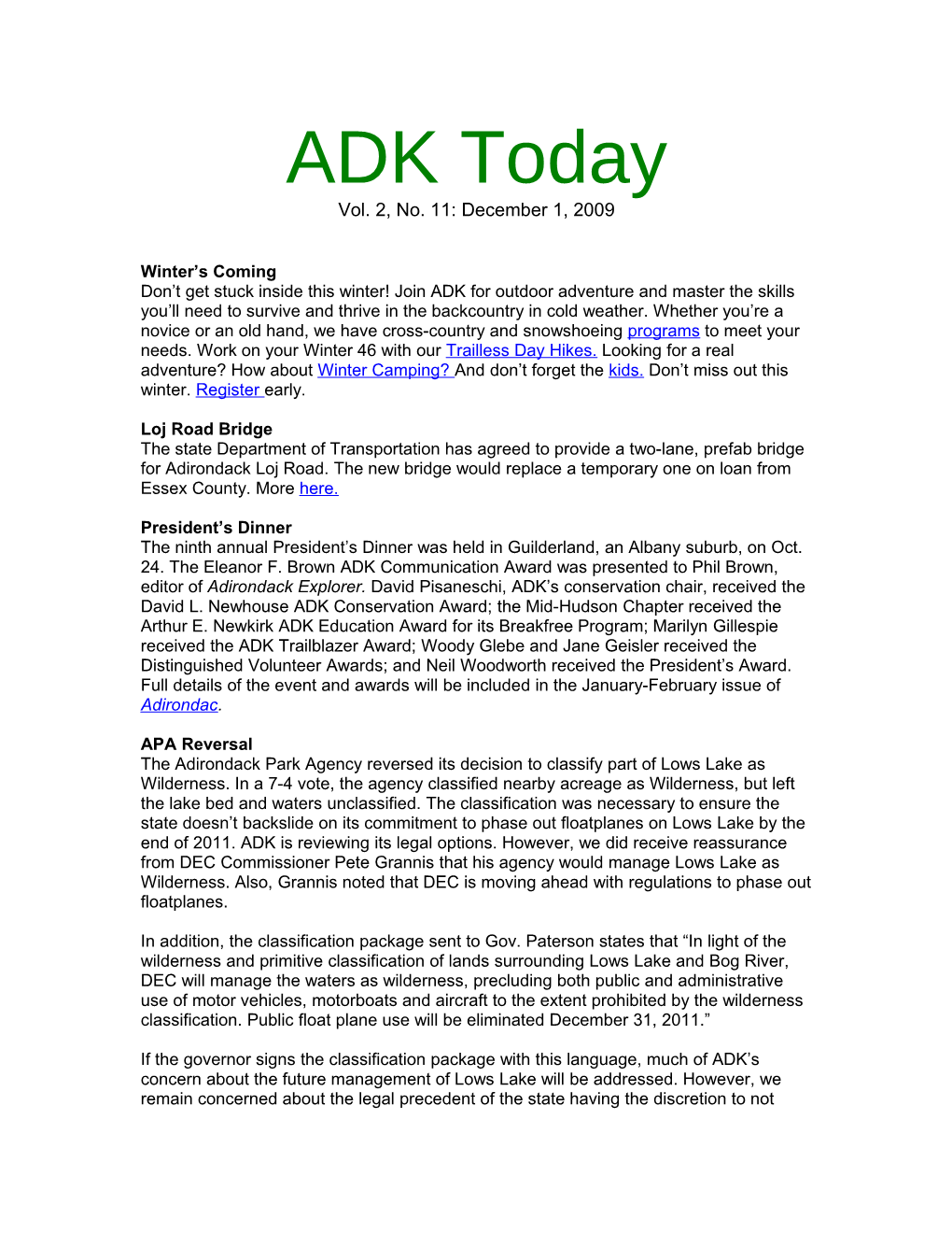 ADK Today Vol. 2, No. 11: December 1, 2009
