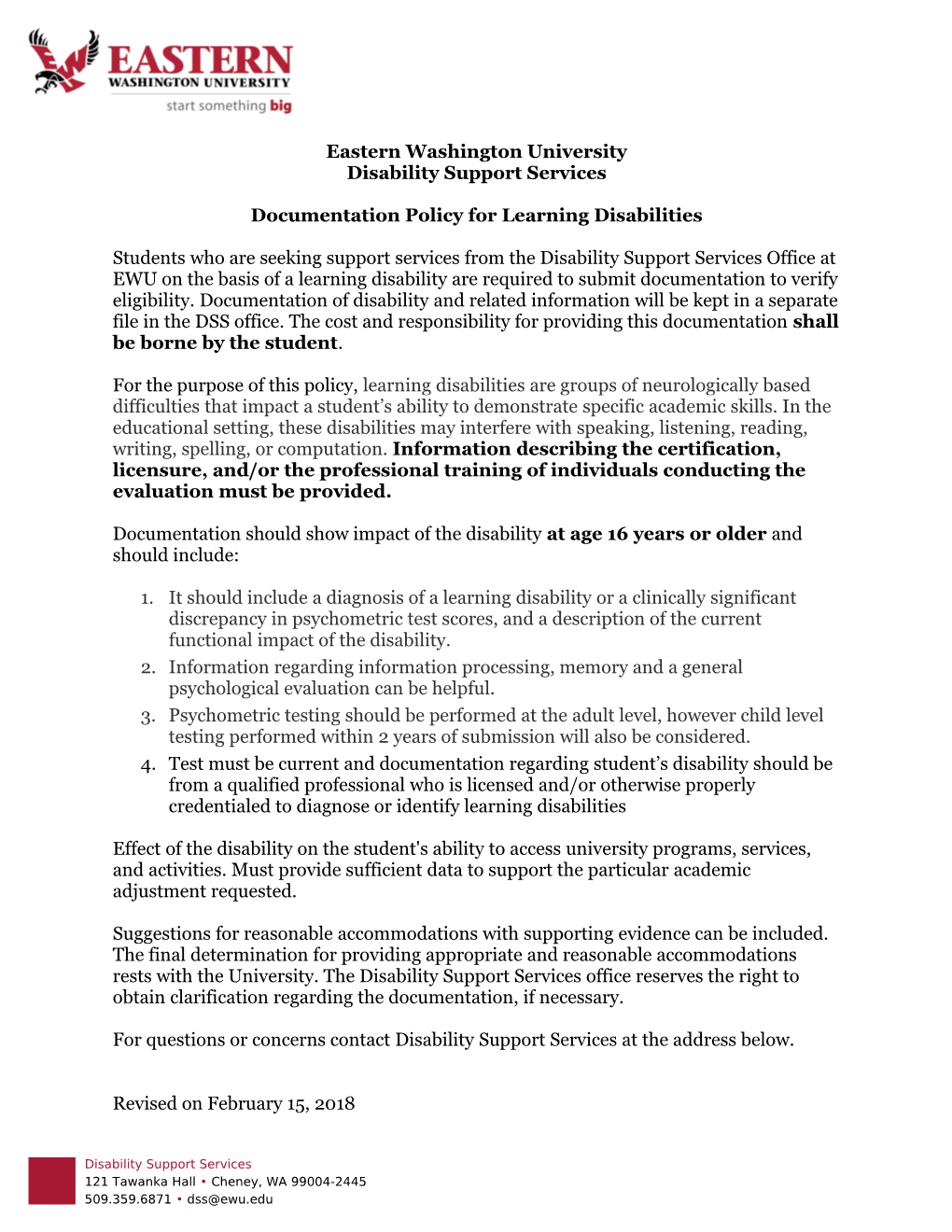 Documentation Policy for Learning Disabilities