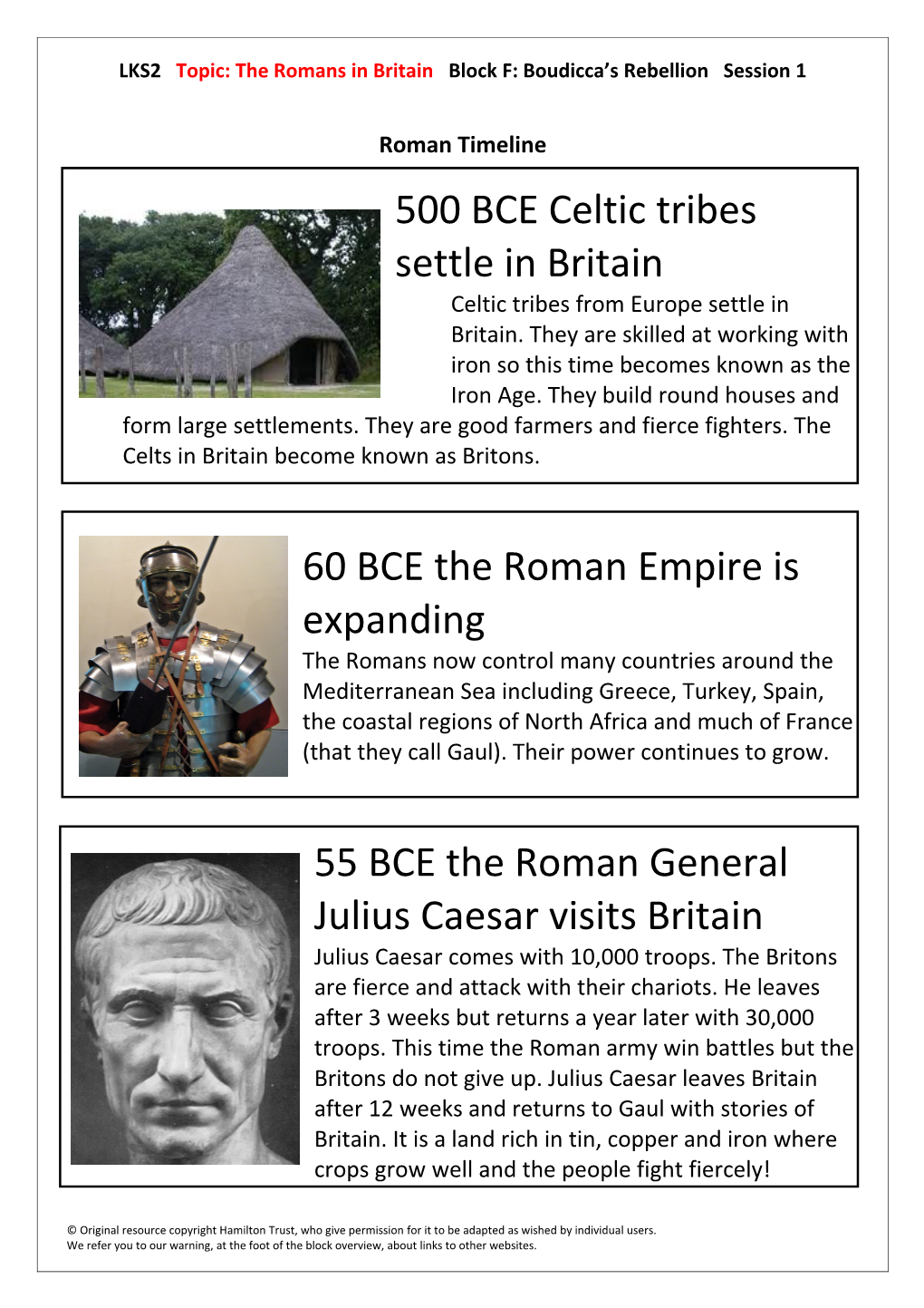LKS2 Topic: the Romans in Britain Block F: Boudicca S Rebellion Session 1