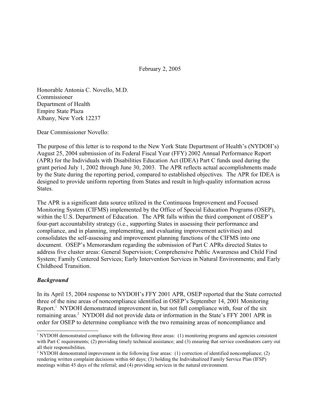 New York Part C APR Letter for Grant Year 2002-2003. (MS Word)