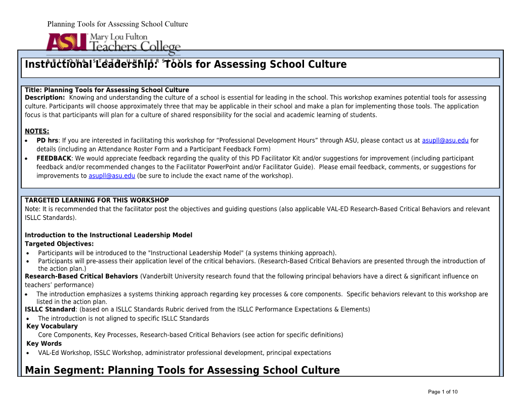 Planning Tools for Assessing School Culture