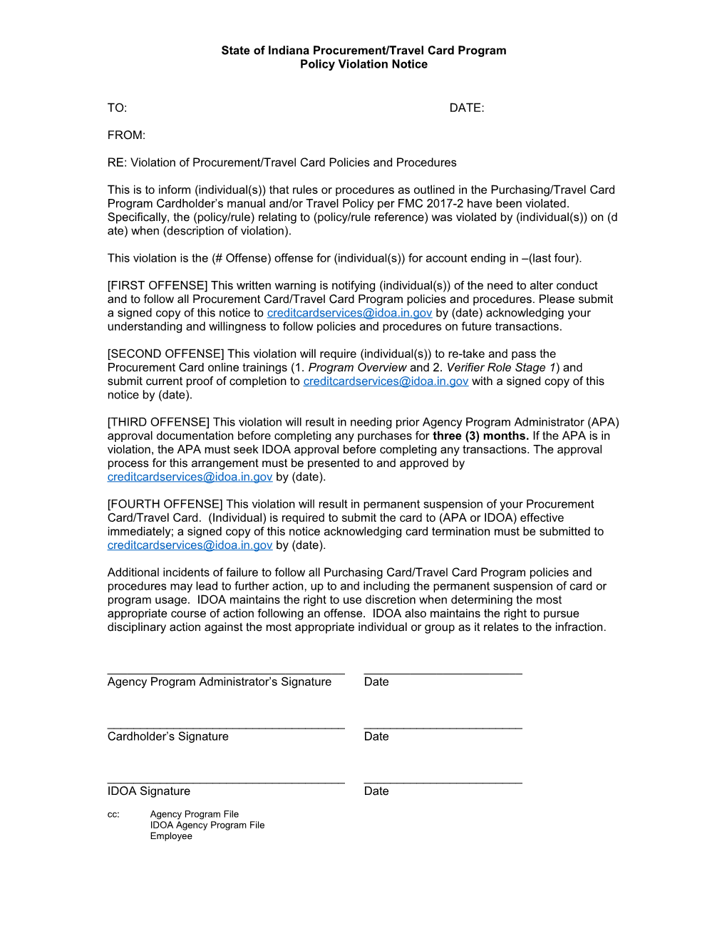 State of Indiana Procurement/Travel Card Program