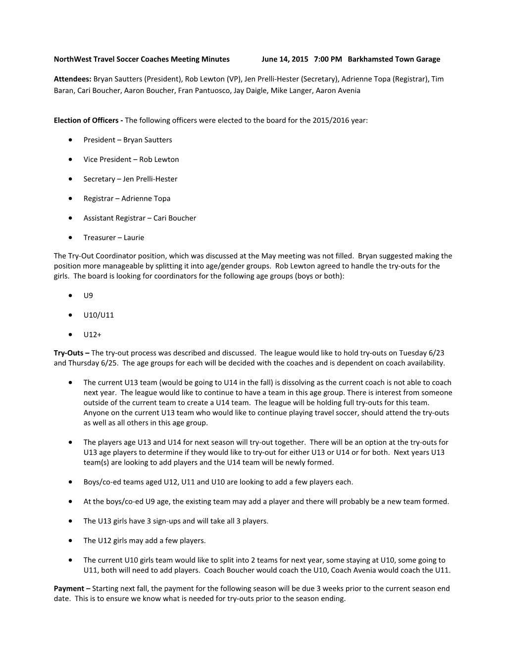 Northwest Travel Soccer Coaches Meeting Minutesjune 14, 2015 7:00 PM Barkhamsted Town Garage