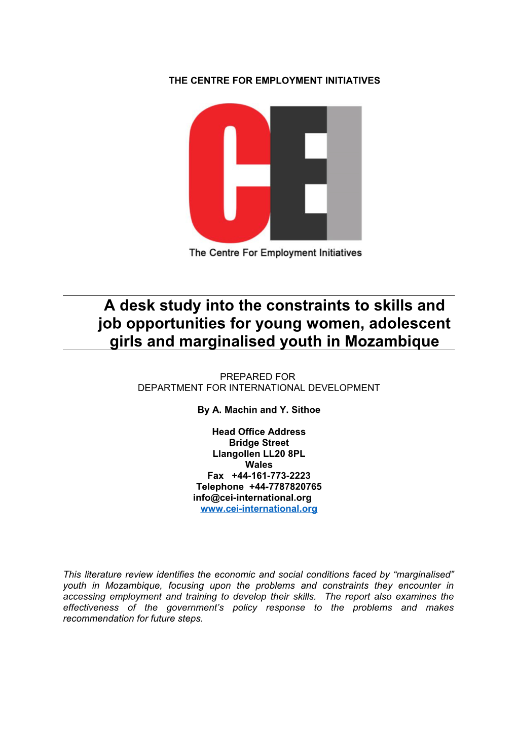 A Desk Study Into the Constraints to Skills and Job Opportunities for Young Women, Adolescent