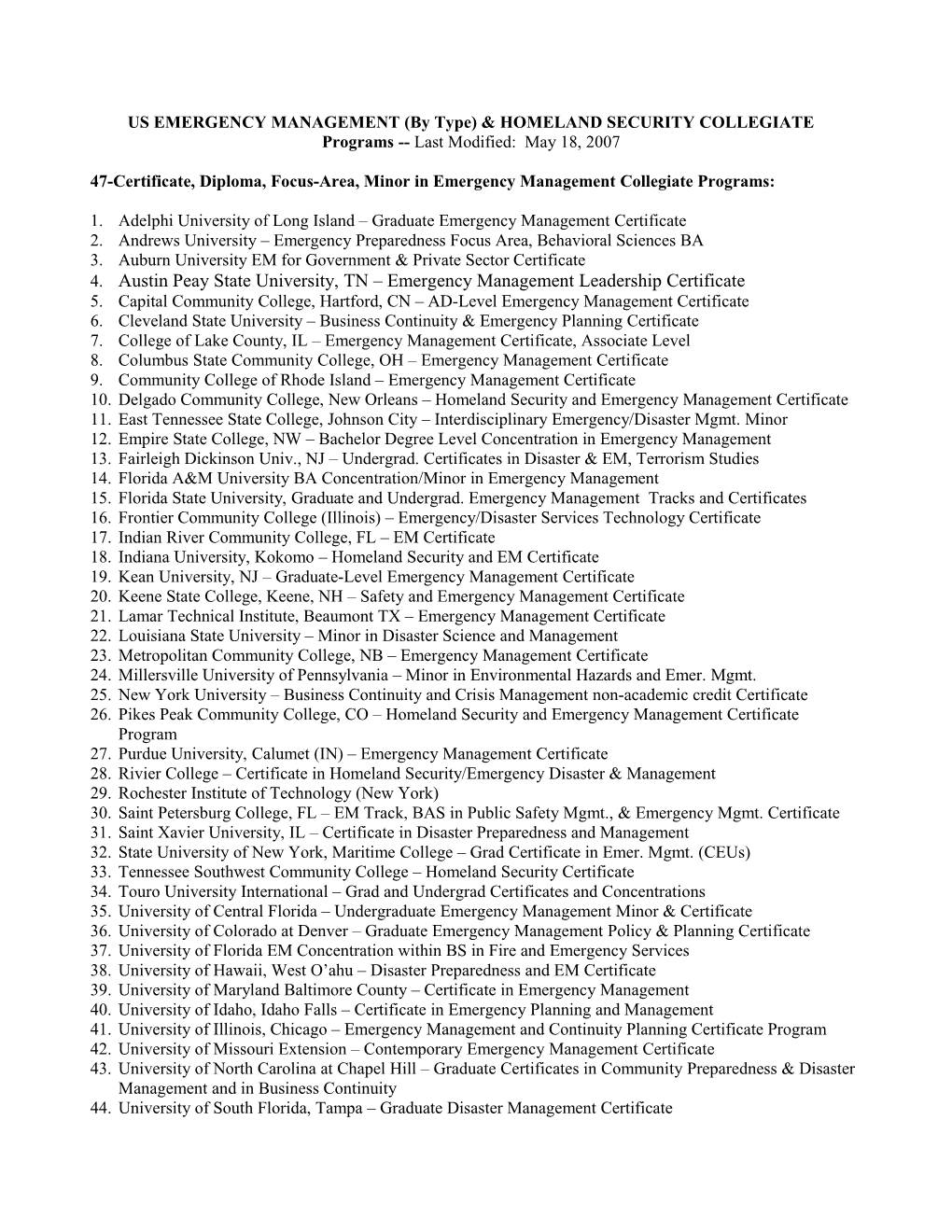 Emergency Management Collegiate Programs In The U