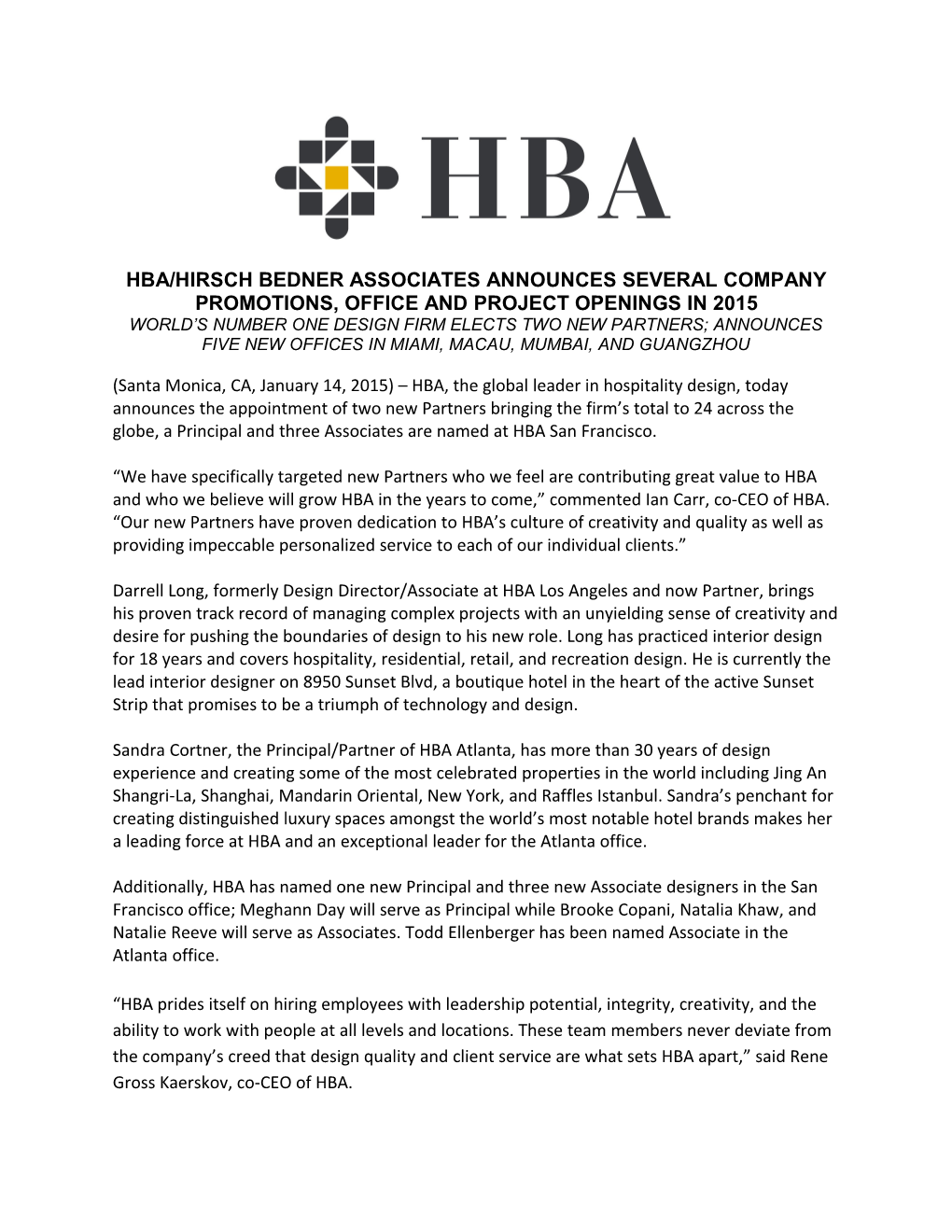 Hba/Hirsch Bedner Associates Announces Several Company Promotions, Office and Project