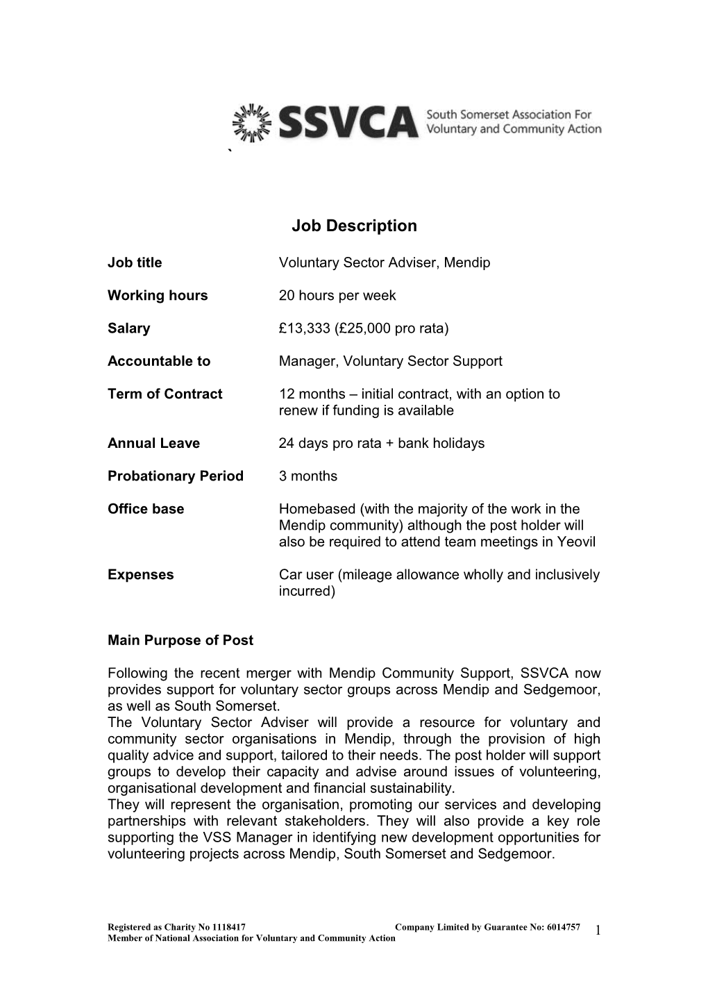 Job Title Voluntary Sector Adviser, Mendip