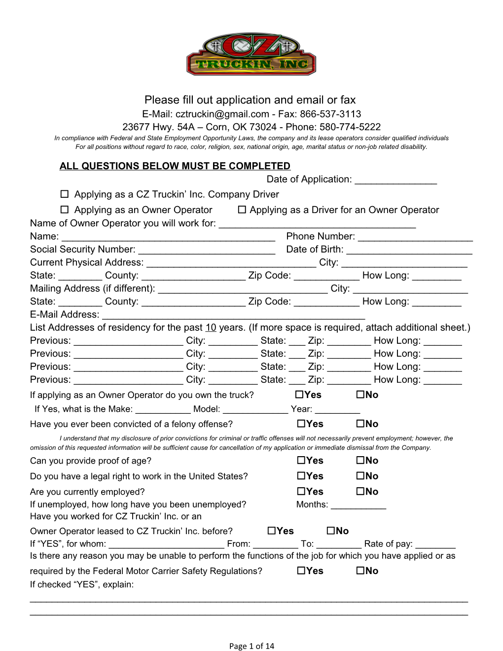 Please Fill out Application and Email Or Fax