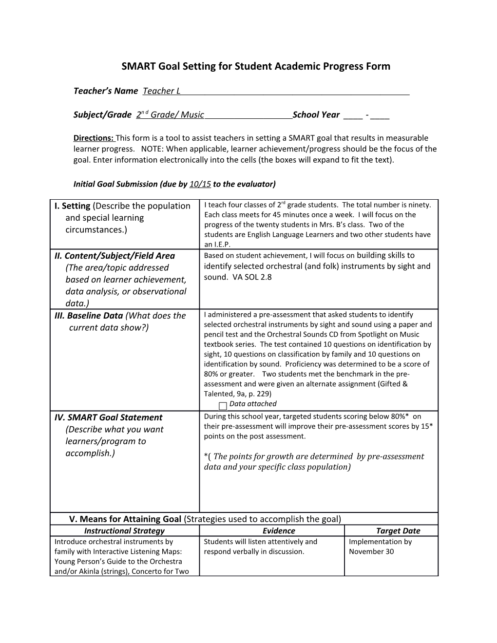 SMART Goal Setting for Student Academic Progress Form