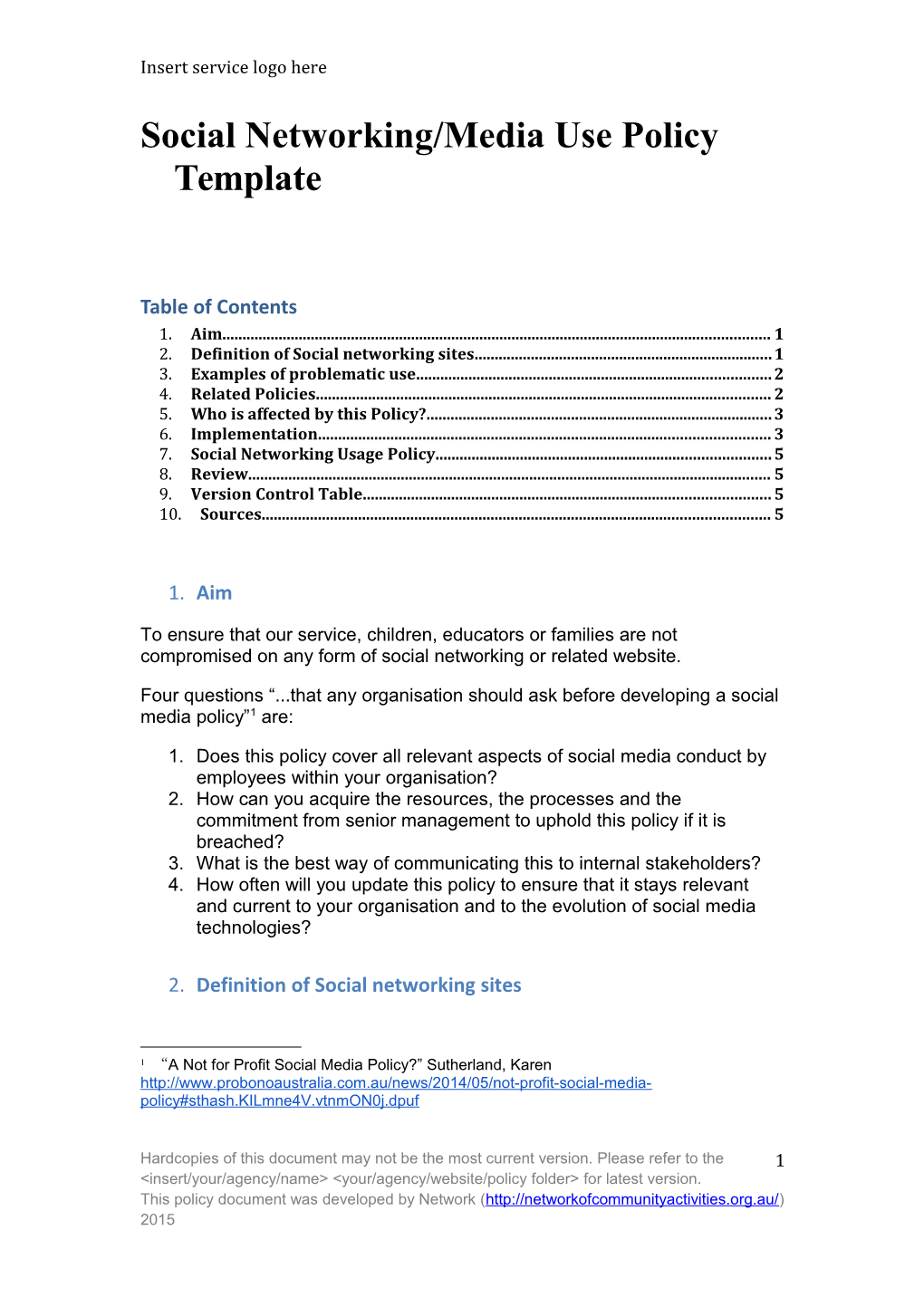 Social Networking/Media Use Policy Template