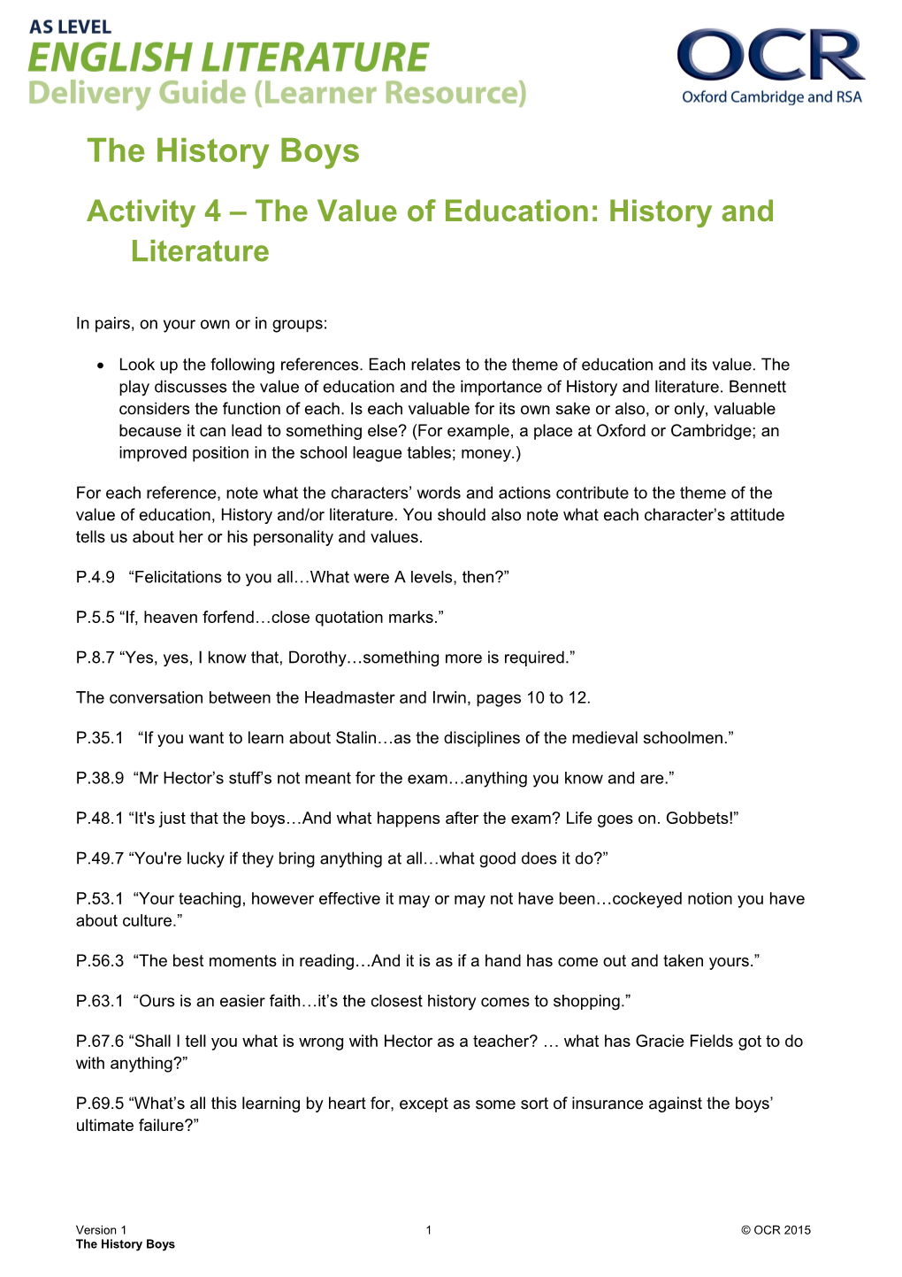 OCR AS Level English Literature - the History Boys - Activity 4