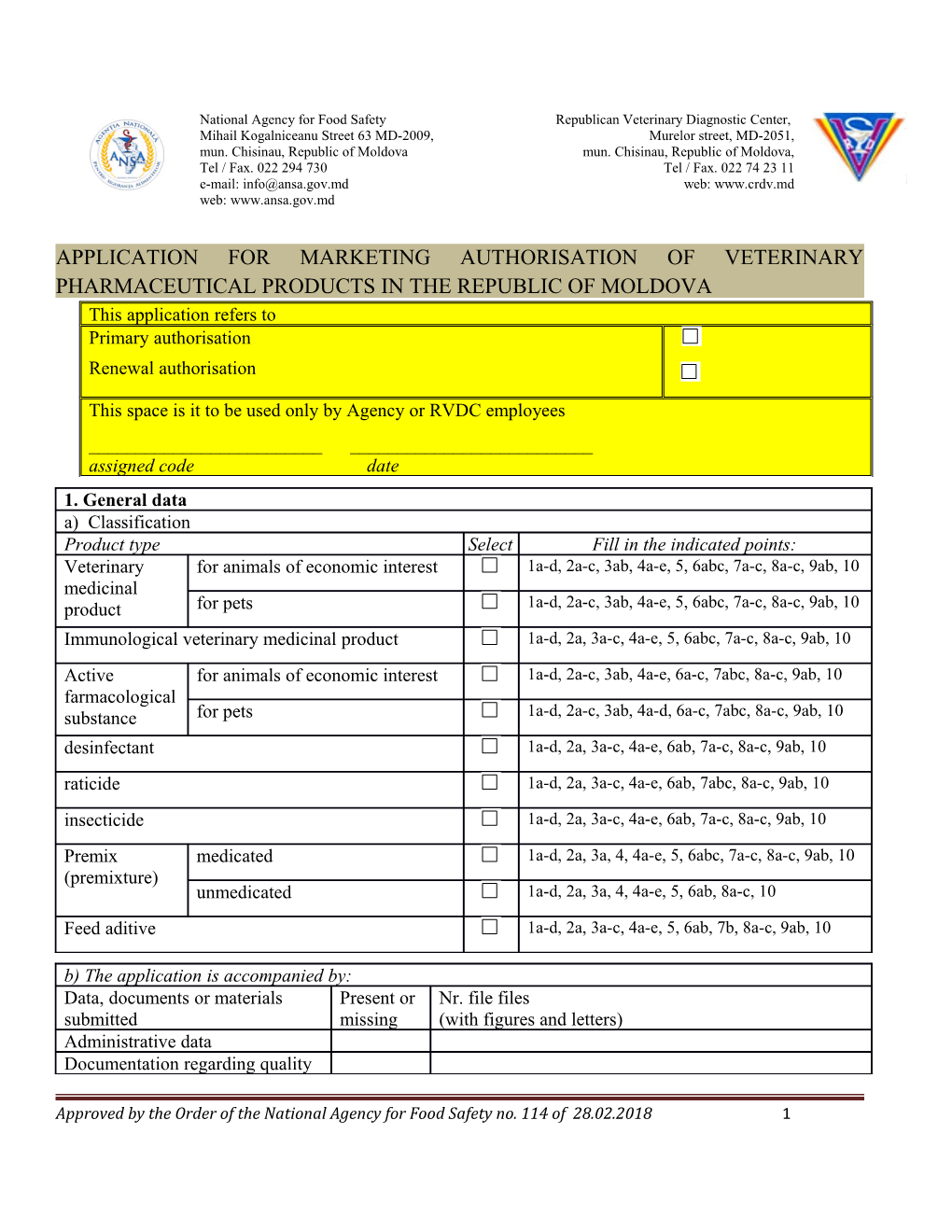 Application for Marketing Authorisation of Veterinary Pharmaceutical Products in the Republic