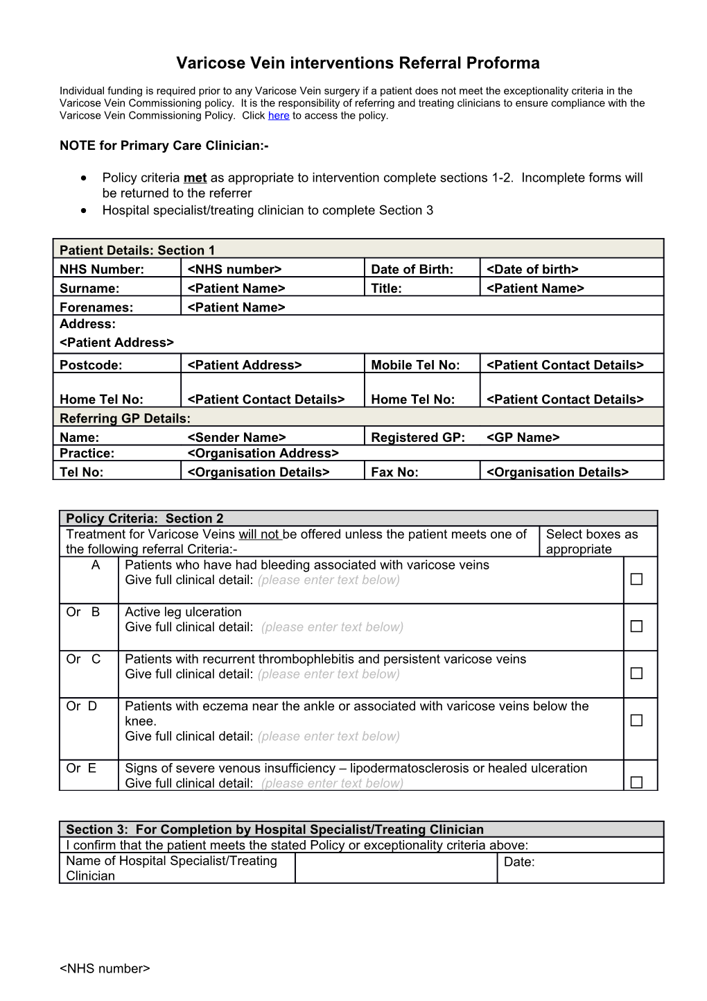 Varicose Vein Interventions Referral Proforma