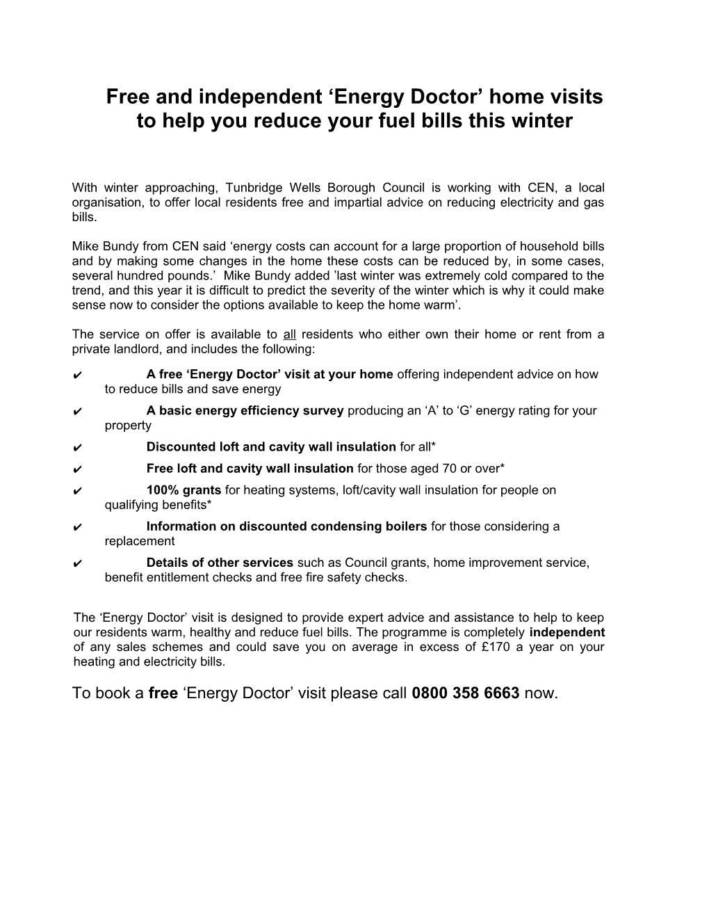 Free and Independent Energy Doctor Home Visit to Help You Reduce Your Fuel Bills This Winter