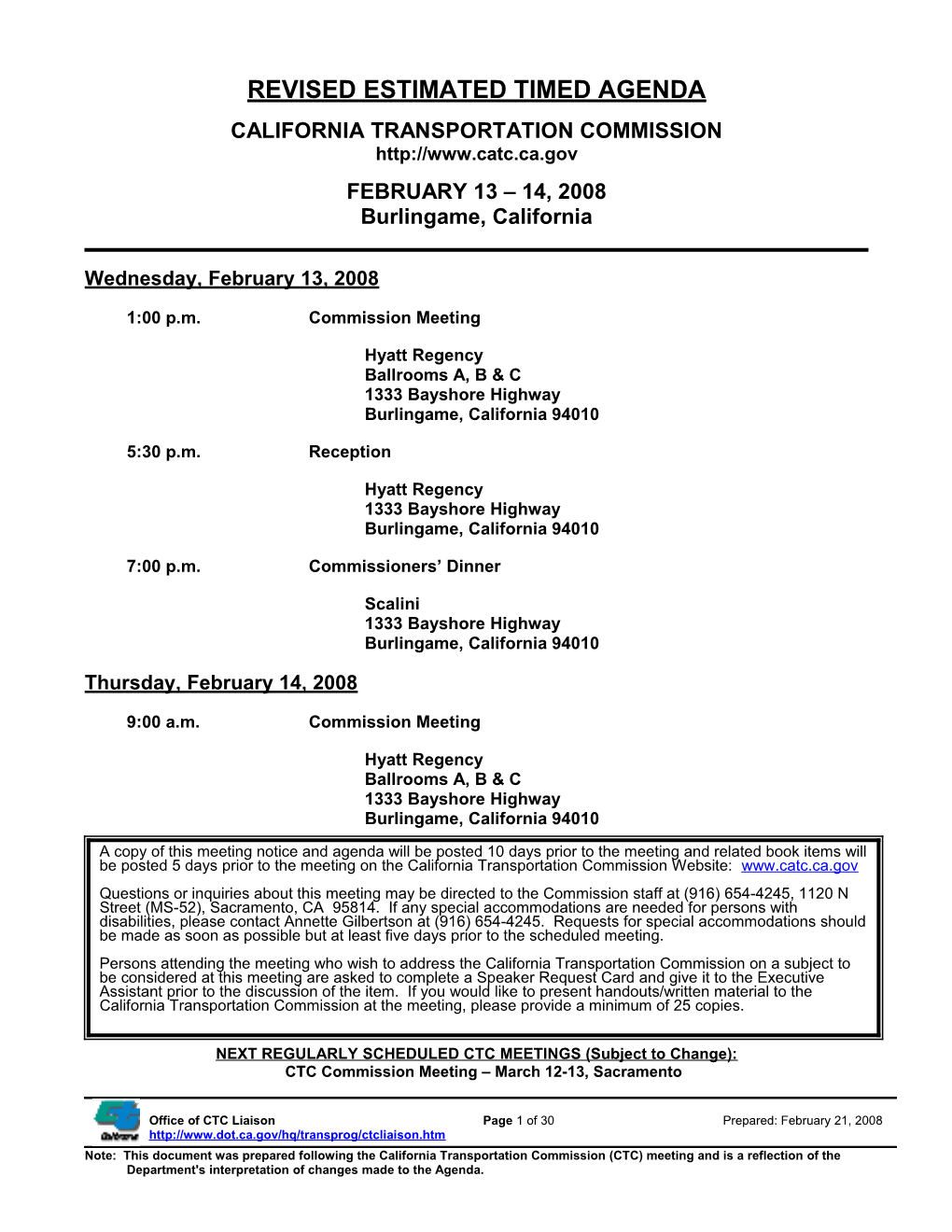 CTC MEETING AGENDA REVISED February 13-14, 2008