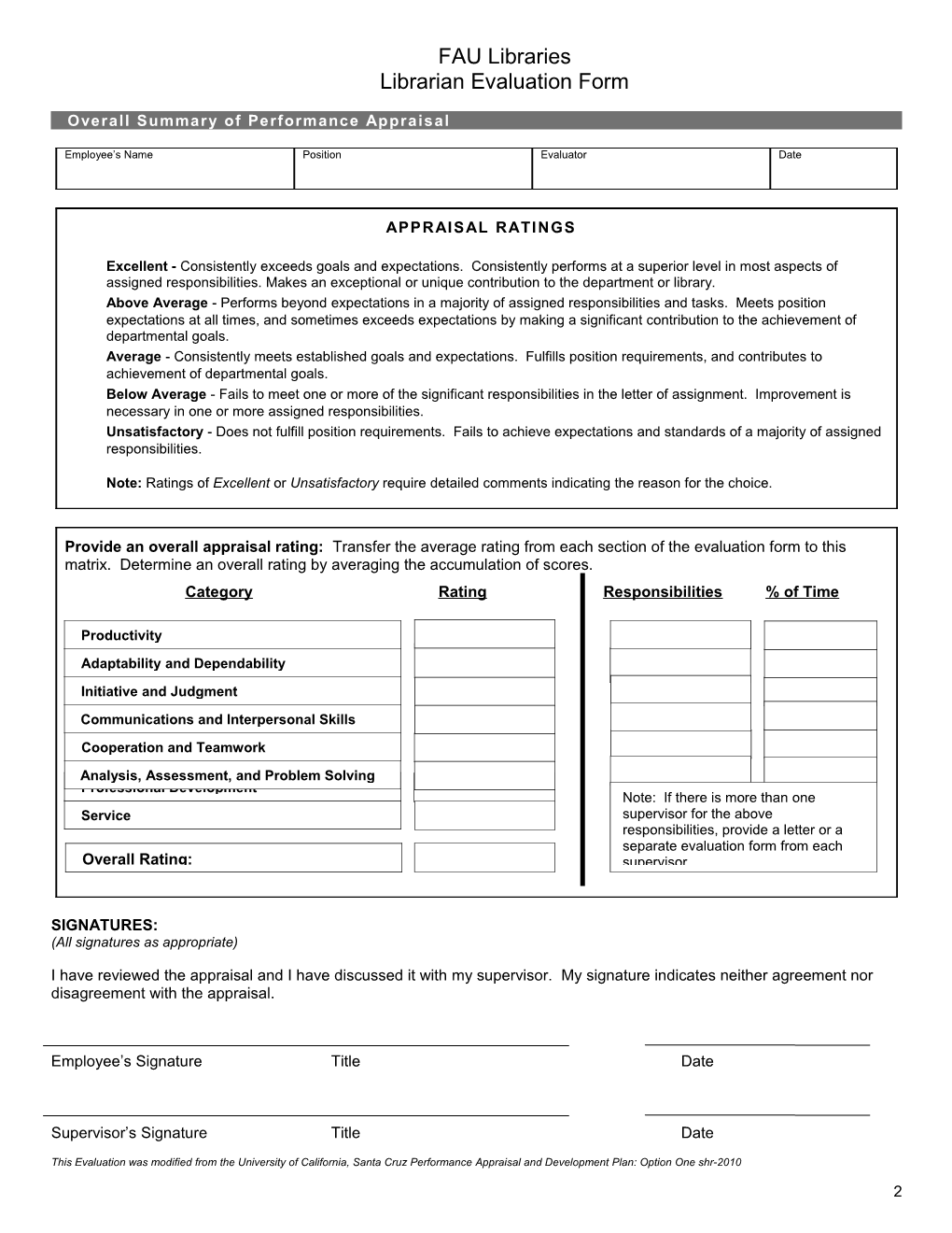FAU Professional Personnel Evaluation Form