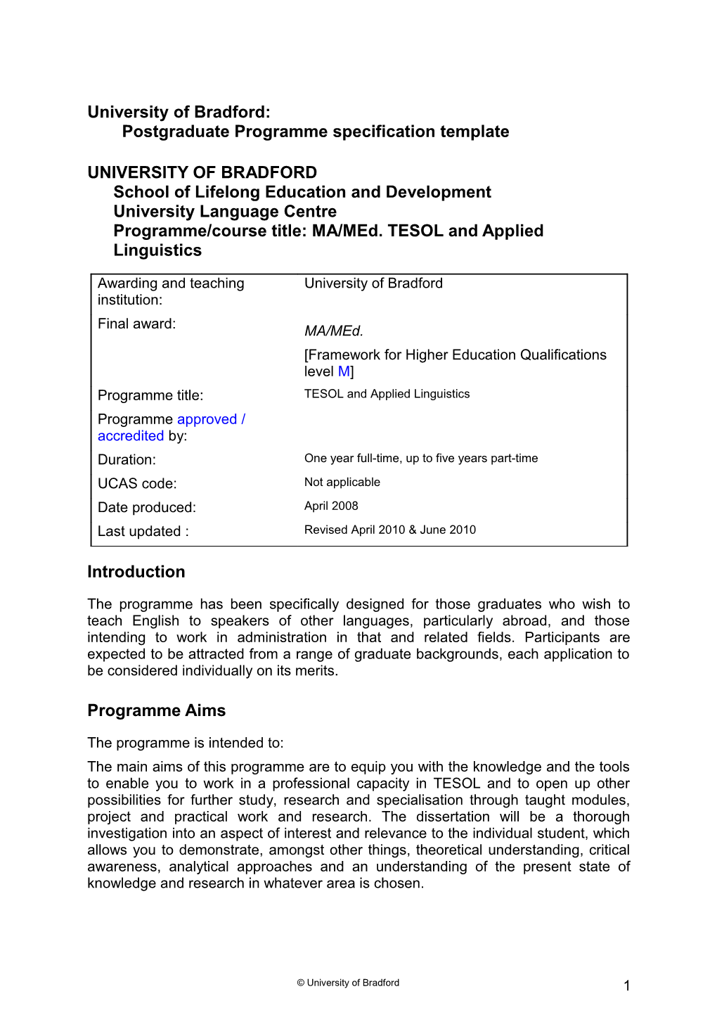 University of Bradford: Postgraduate Programme Specification Template s1