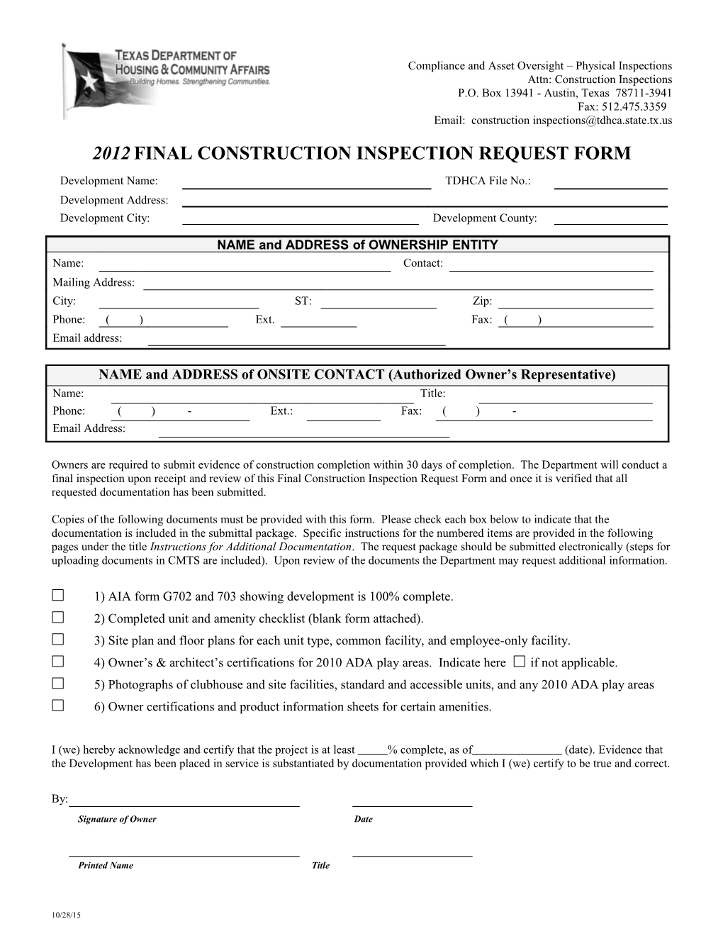 Final Construction Inspection Request Form and Developement Inspection Checklist s1