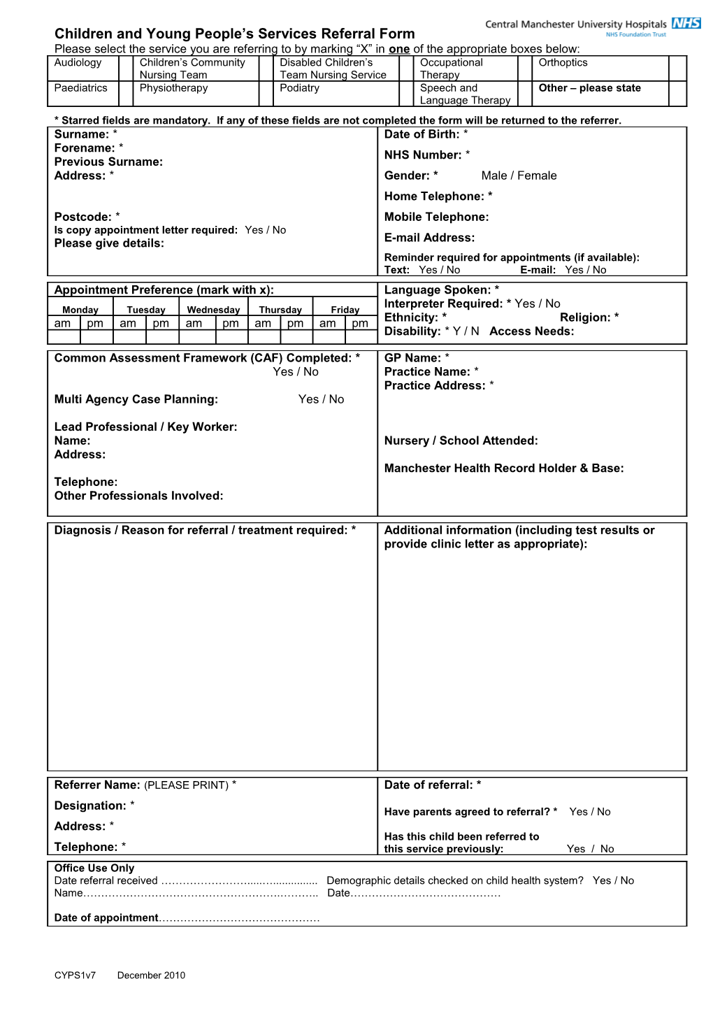 Children & Young People S Services Referral Form