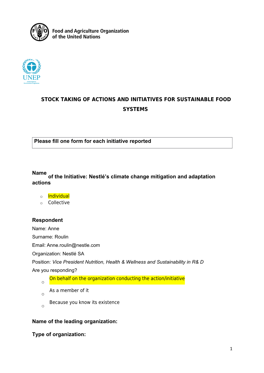 Please Fill One Form for Each Initiative Reported