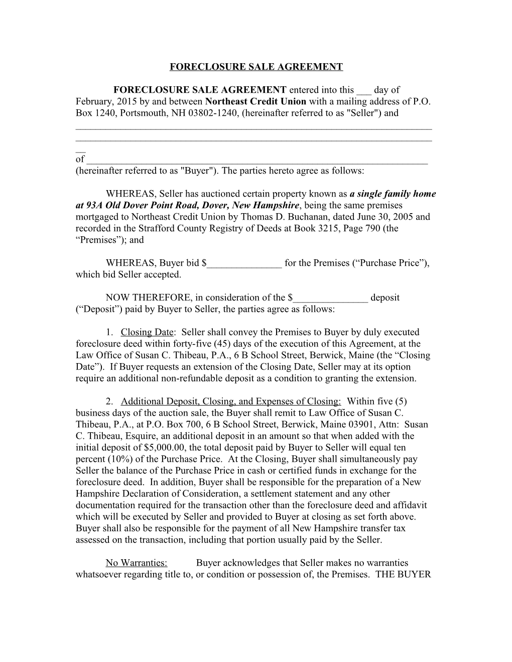 Memorandum of Agreement Regarding Foreclosure Sale