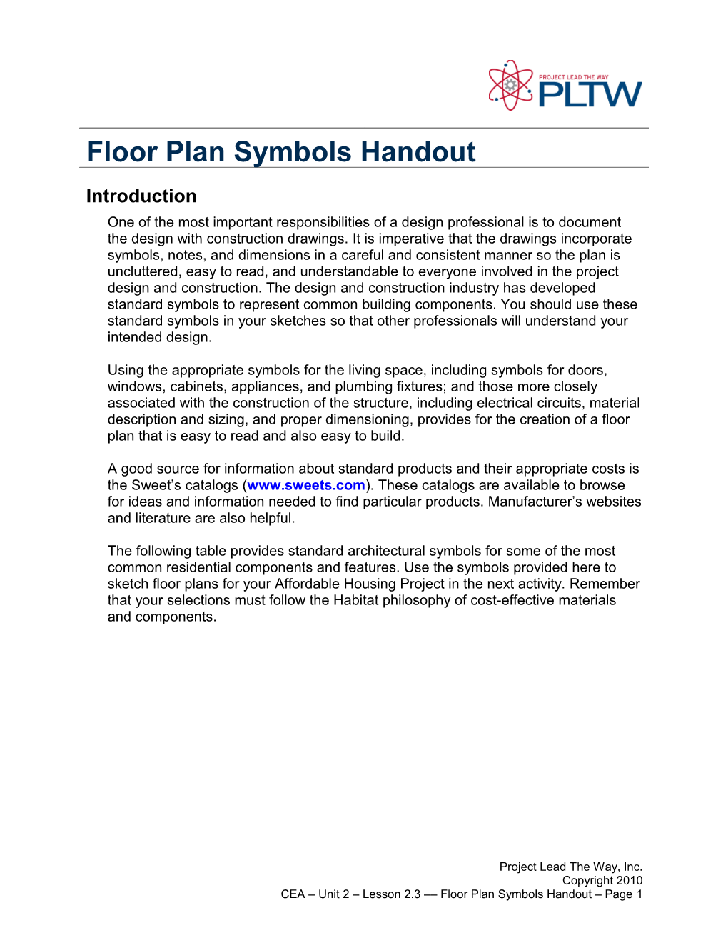 Floor Plan Symbols Handout