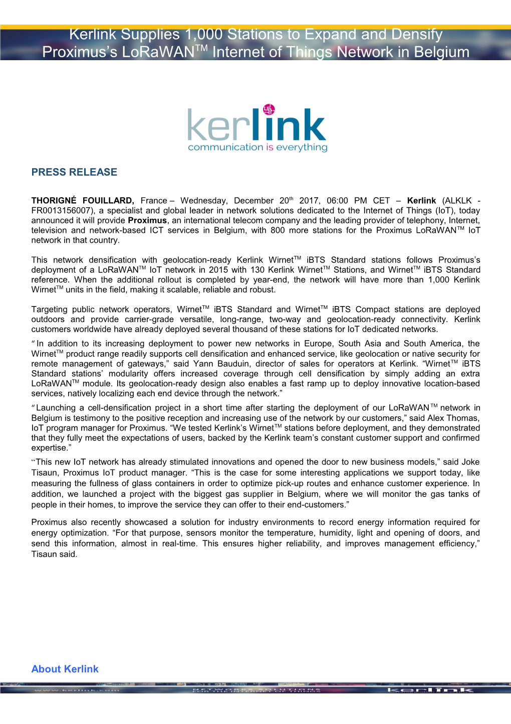 Kerlink Supplies 1,000 Stations to Expand and Densify Proximus S Lorawantm Internet Of