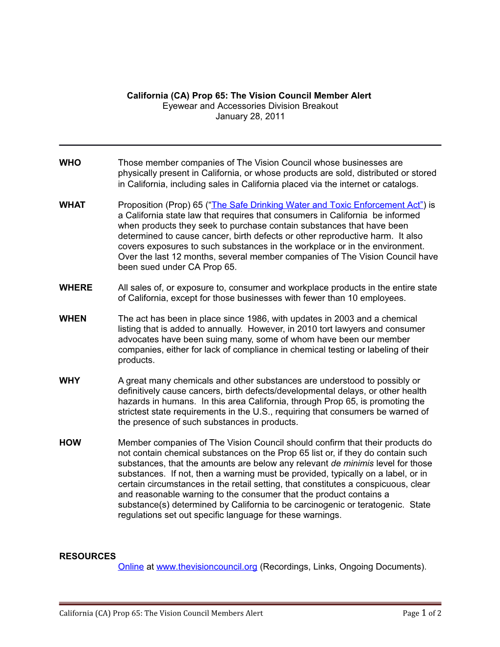 California (CA) Prop 65: the Vision Council Member Alert