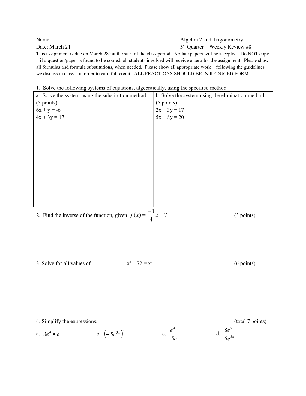 Name Algebra 2 and Trigonometry