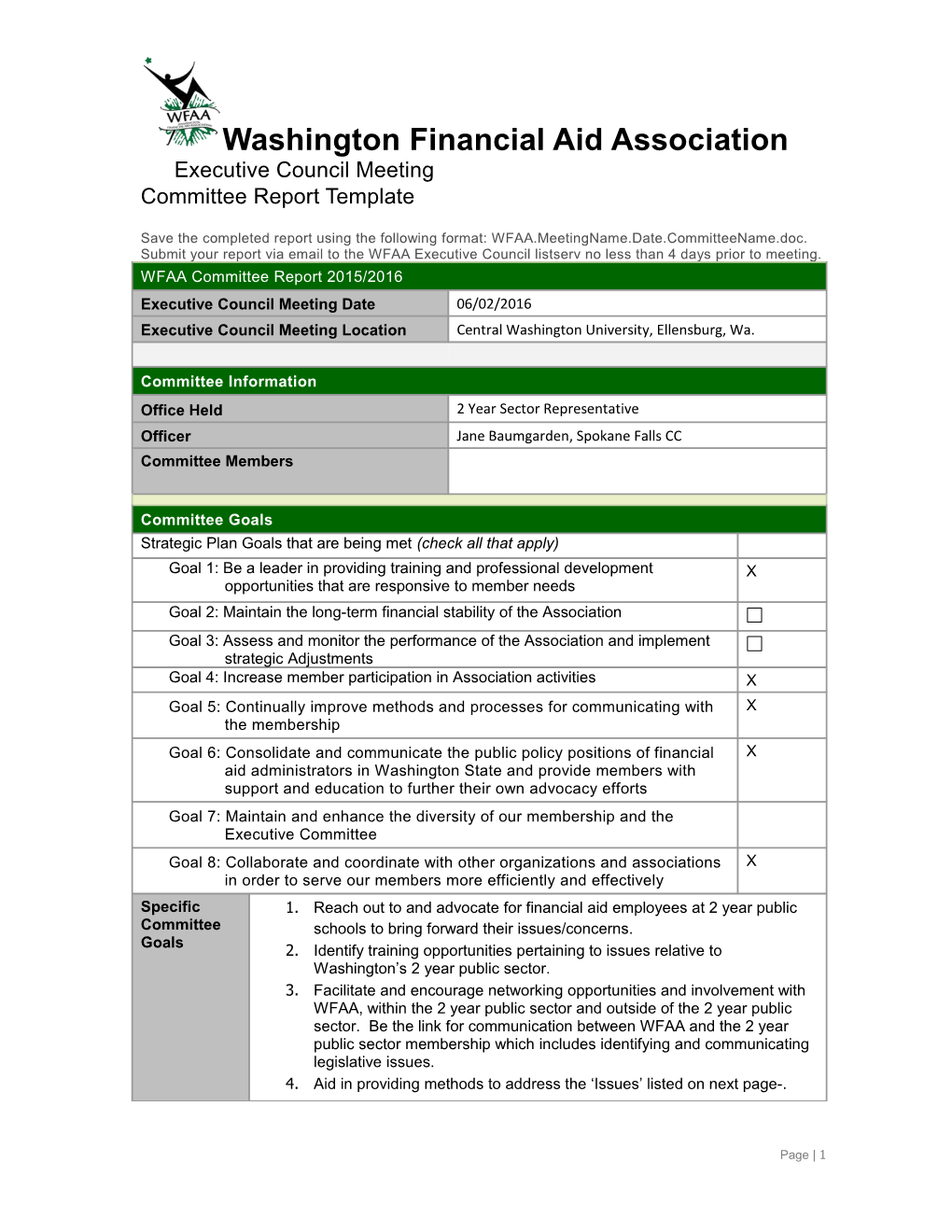 Save the Completed Report Using Committee Title and Date (Example: WASFAA JRSMLI Feb 10