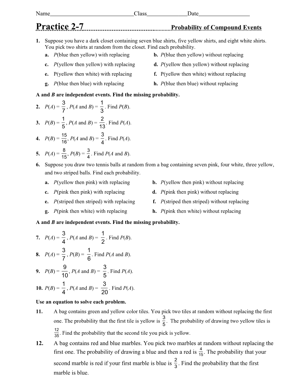 Practice 2-7 Probability of Compound Events