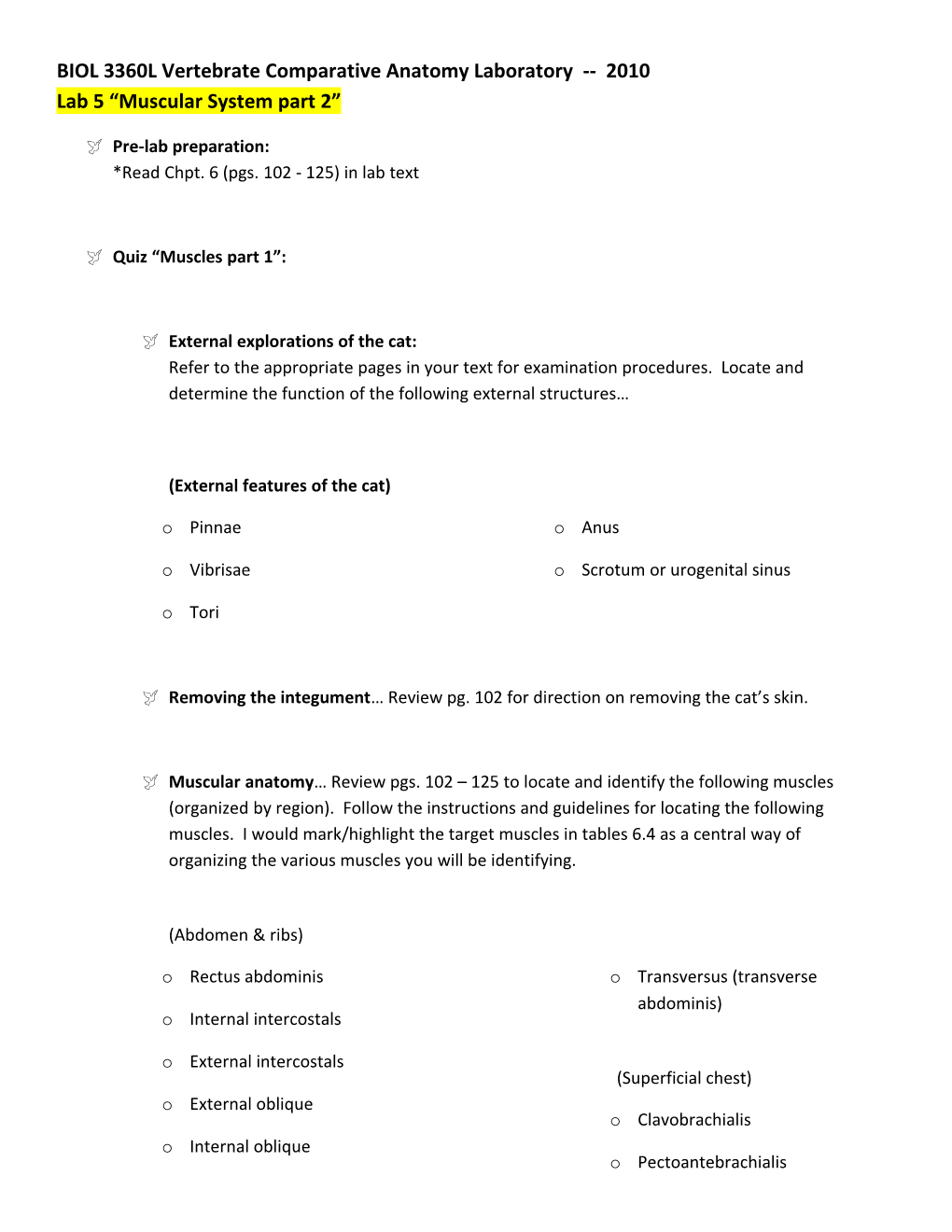 BIOL 3360L Vertebrate Comparative Anatomy Laboratory 2010 Lab 5 Muscular System Part 2