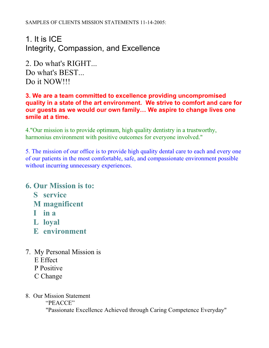 Samples of Mission Statements 11-14-2005