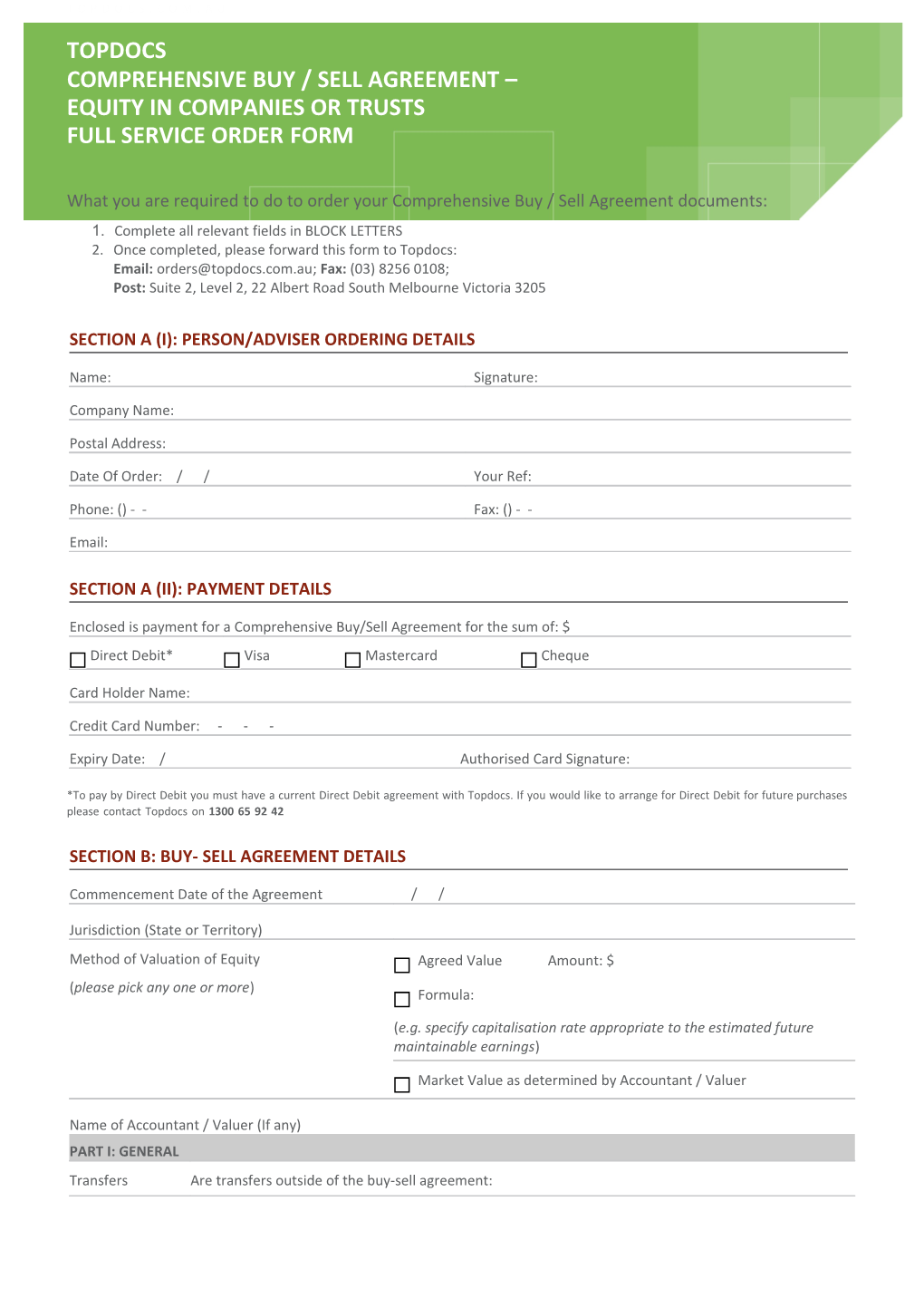 Comprehensive Buy/Sell Agreement Fullserviceorderform Page 1Of 7