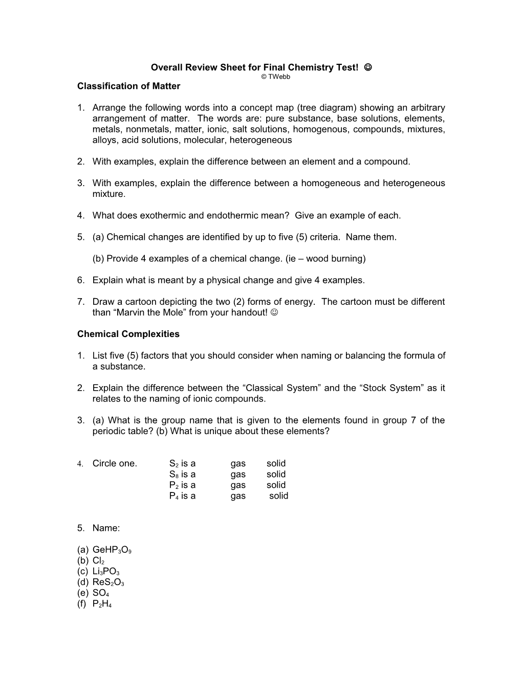 Overall Review Sheet for Final Chemistry Test