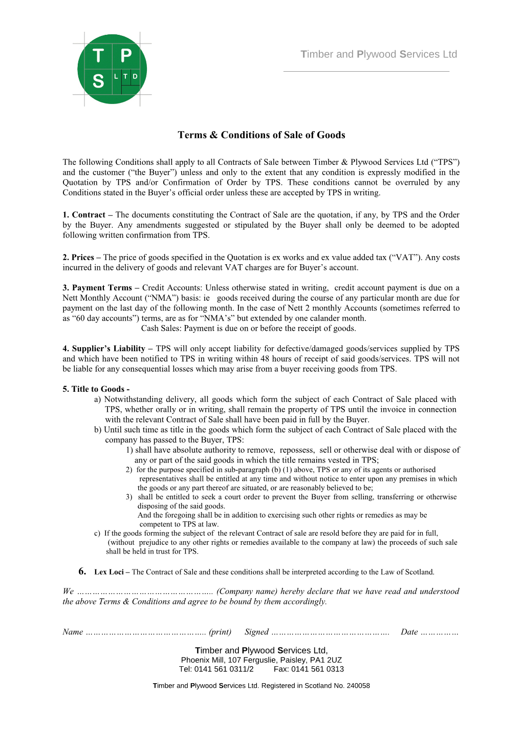 Terms & Conditions of Sale of Goods