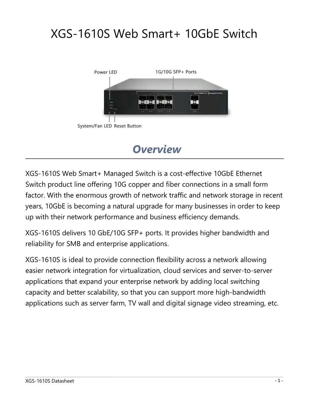 XGS-1610S Web Smart+ 10Gbe Switch