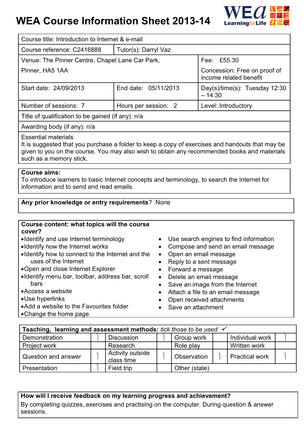 WEA Course Information Sheet 2013-14 s5