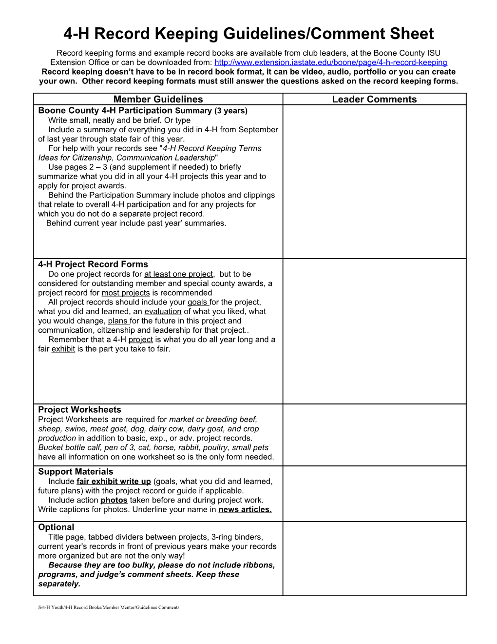 4-H Record Keeping Comment Sheet