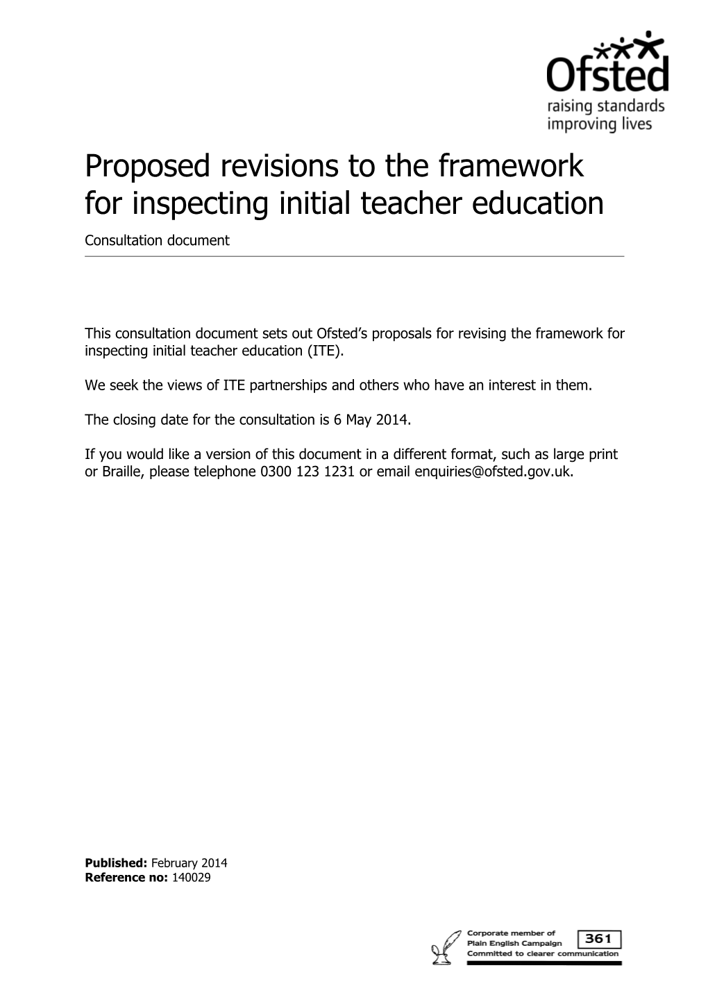 Proposed Revisions to the Framework for Inspecting Initial Teacher Education