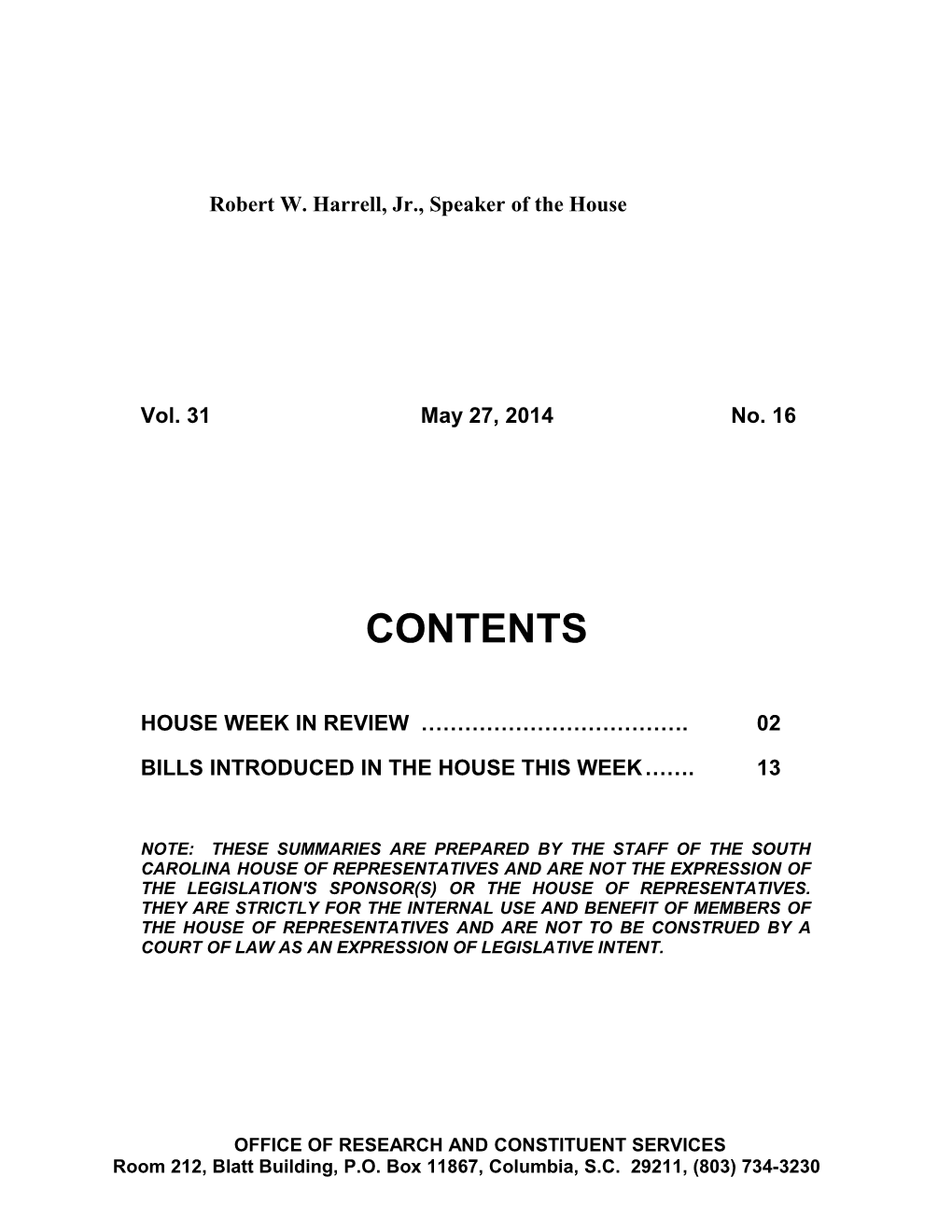 Legislative Update - Vol. 31 No. 16 May 27, 2014 - South Carolina Legislature Online