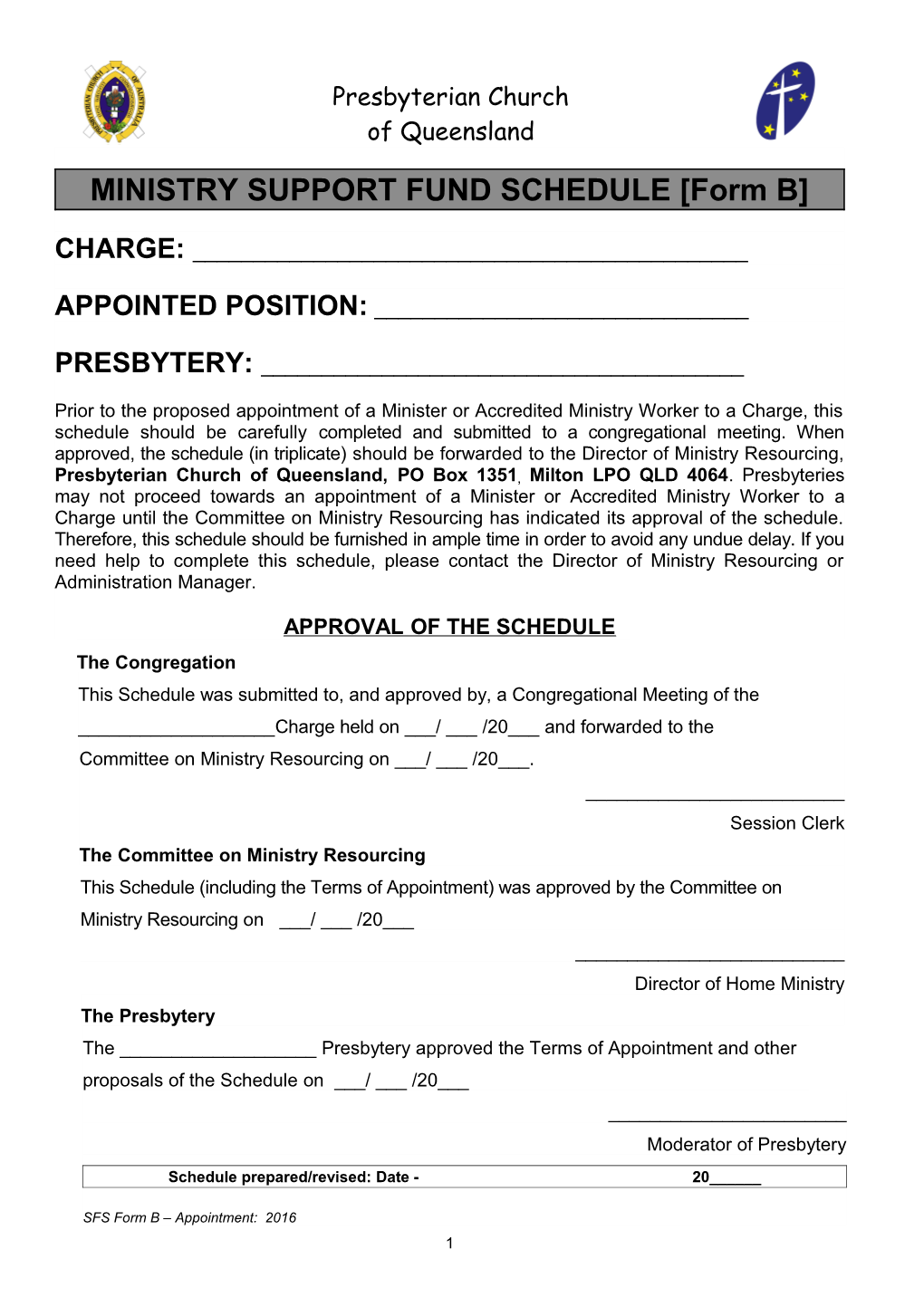 MINISTRY SUPPORT FUND SCHEDULE Form B