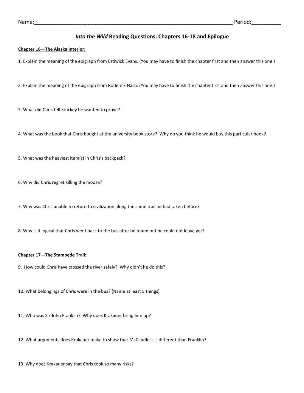 Into the Wild by Jon Krakauer Reading Questions