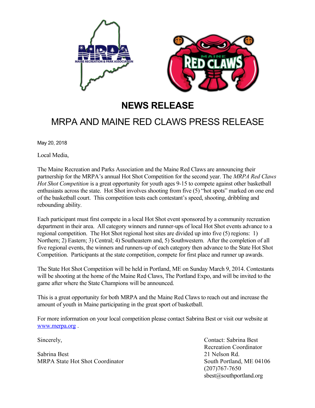 Mrpa and Maine Red Claws Press Release