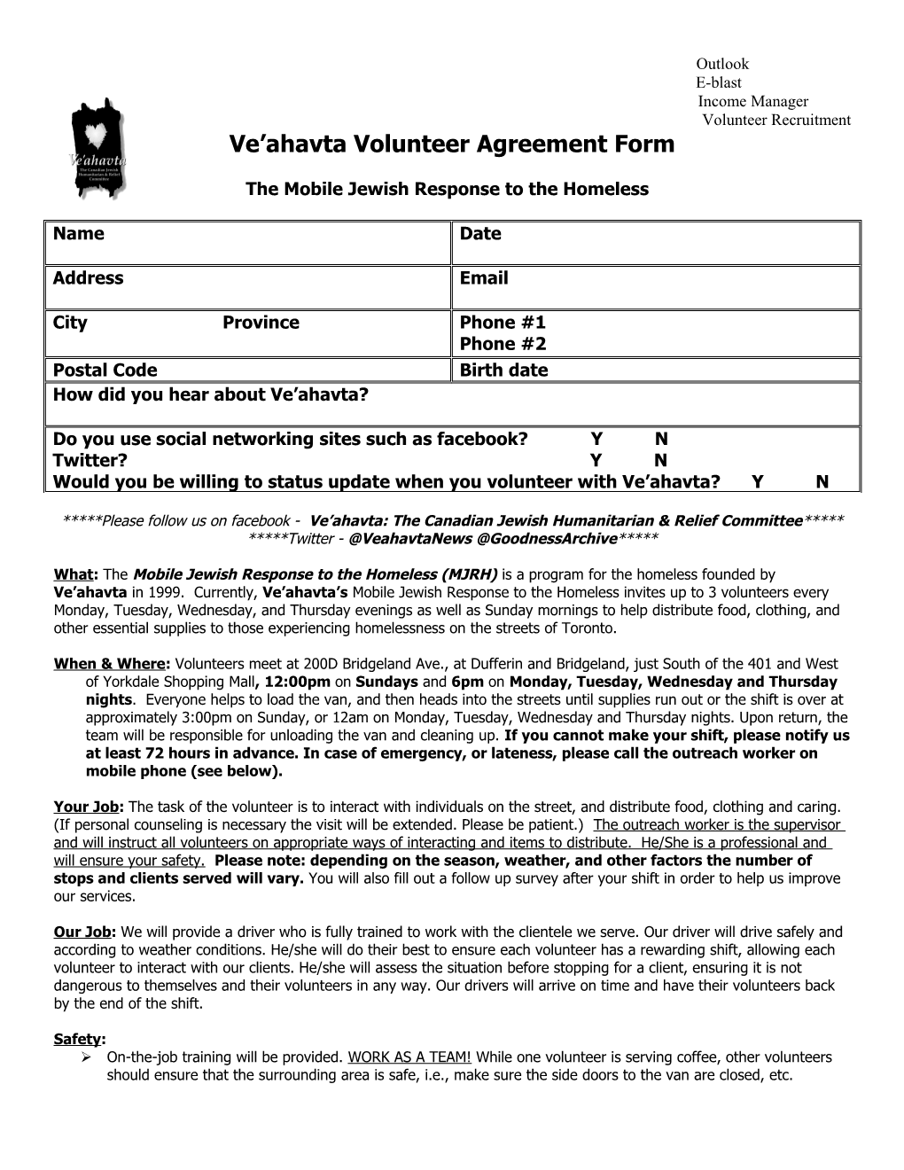 Ve Ahavta Volunteer Agreement Form
