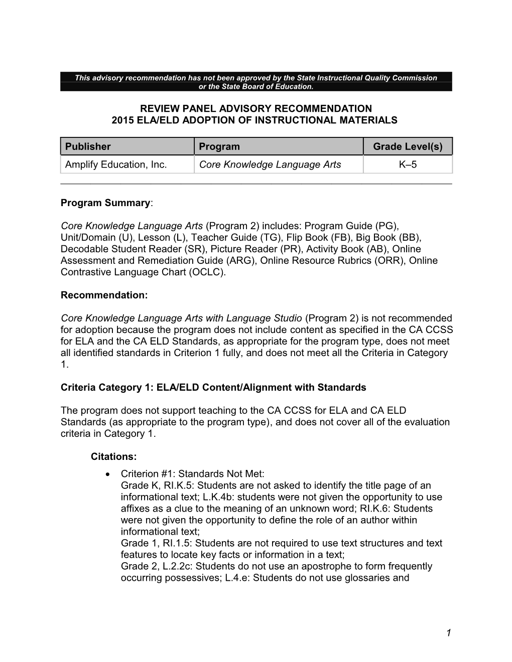 Core Knowledge Language Arts, Program 2 - Instructional Materials (CA Dept of Education)